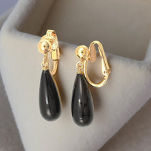 Load image into Gallery viewer, Gold-Filled Raindrop Black Onyx Clip Earrings
