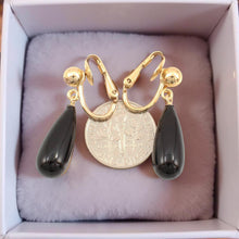 Load image into Gallery viewer, Gold-Filled Raindrop Black Onyx Clip Earrings