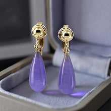 Load image into Gallery viewer, Gold-Filled Lavender Jade Raindrop Clip Earrings