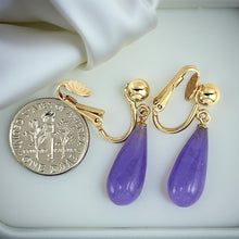 Load image into Gallery viewer, Gold-Filled Lavender Jade Raindrop Clip Earrings
