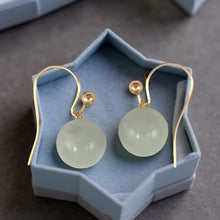Load image into Gallery viewer, 14K Yellow Gold Round Celadon Green Jade Hook Earrings