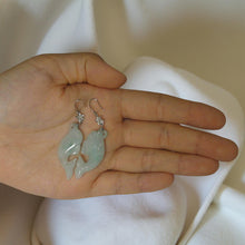 Load image into Gallery viewer, 14K White Gold Hawaiian Plumeria Hook Dolphin Jade Dangle Earrings
