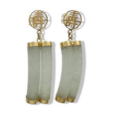 Load image into Gallery viewer, 14K Yellow Gold "Longevity" Celadon Green Curve Twin Tube Jadeite Earrings