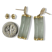 Load image into Gallery viewer, 14K Yellow Gold "Longevity" Celadon Green Curve Twin Tube Jadeite Earrings