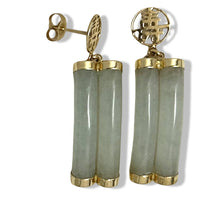 Load image into Gallery viewer, 14K Yellow Gold "Longevity" Celadon Green Curve Twin Tube Jadeite Earrings