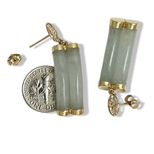 Load image into Gallery viewer, 14K Yellow Gold "Longevity" Celadon Green Curve Twin Tube Jadeite Earrings