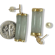 Load image into Gallery viewer, 14K Yellow Gold "Longevity" Celadon Green Curve Twin Tube Jadeite Earrings