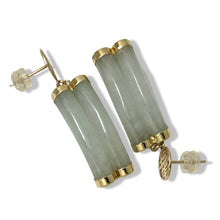 Load image into Gallery viewer, 14K Yellow Gold "Longevity" Celadon Green Curve Twin Tube Jadeite Earrings
