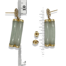 Load image into Gallery viewer, 14K Yellow Gold "Longevity" Celadon Green Curve Twin Tube Jadeite Earrings