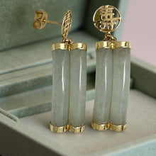 Load image into Gallery viewer, 14K Yellow Gold "Longevity" Celadon Green Curve Twin Tube Jadeite Earrings