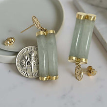 Load image into Gallery viewer, 14K Yellow Gold "Longevity" Celadon Green Curve Twin Tube Jadeite Earrings