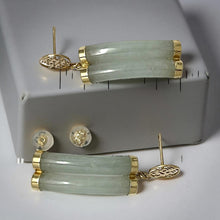 Load image into Gallery viewer, 14K Yellow Gold "Longevity" Celadon Green Curve Twin Tube Jadeite Earrings