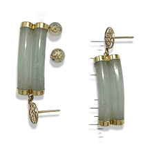 Load image into Gallery viewer, 14K Yellow Gold "Longevity" Celadon Green Curve Twin Tube Jadeite Earrings
