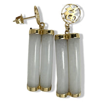 Load image into Gallery viewer, 14K Yellow Gold “Good Luck” Celadon Green Curve Twin Tube Jadeite Earrings