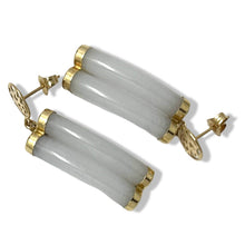 Load image into Gallery viewer, 14K Yellow Gold “Good Luck” Celadon Green Curve Twin Tube Jadeite Earrings