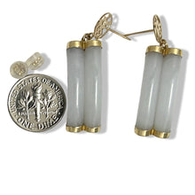 Load image into Gallery viewer, 14K Yellow Gold “Good Luck” Celadon Green Curve Twin Tube Jadeite Earrings