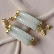 Load image into Gallery viewer, 14K Yellow Gold “Good Luck” Celadon Green Curve Twin Tube Jadeite Earrings
