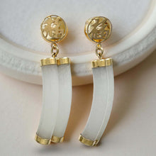 Load image into Gallery viewer, 14K Yellow Gold “Good Luck” Celadon Green Curve Twin Tube Jadeite Earrings