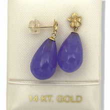 Load image into Gallery viewer, 14K Yellow Gold Plumeria Raindrop Lavender Jade Stud Earrings
