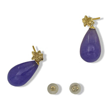 Load image into Gallery viewer, 14K Yellow Gold Plumeria Raindrop Lavender Jade Stud Earrings