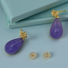 Load image into Gallery viewer, 14K Yellow Gold Plumeria Raindrop Lavender Jade Stud Earrings