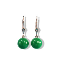 Load image into Gallery viewer, 14K Rose Gold Round Green Jade Drop Earrings