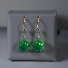 Load image into Gallery viewer, 14K Rose Gold Round Green Jade Drop Earrings