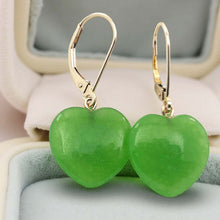 Load image into Gallery viewer, 14K Rose Gold Heart-Shaped Green Jade Drop Earrings