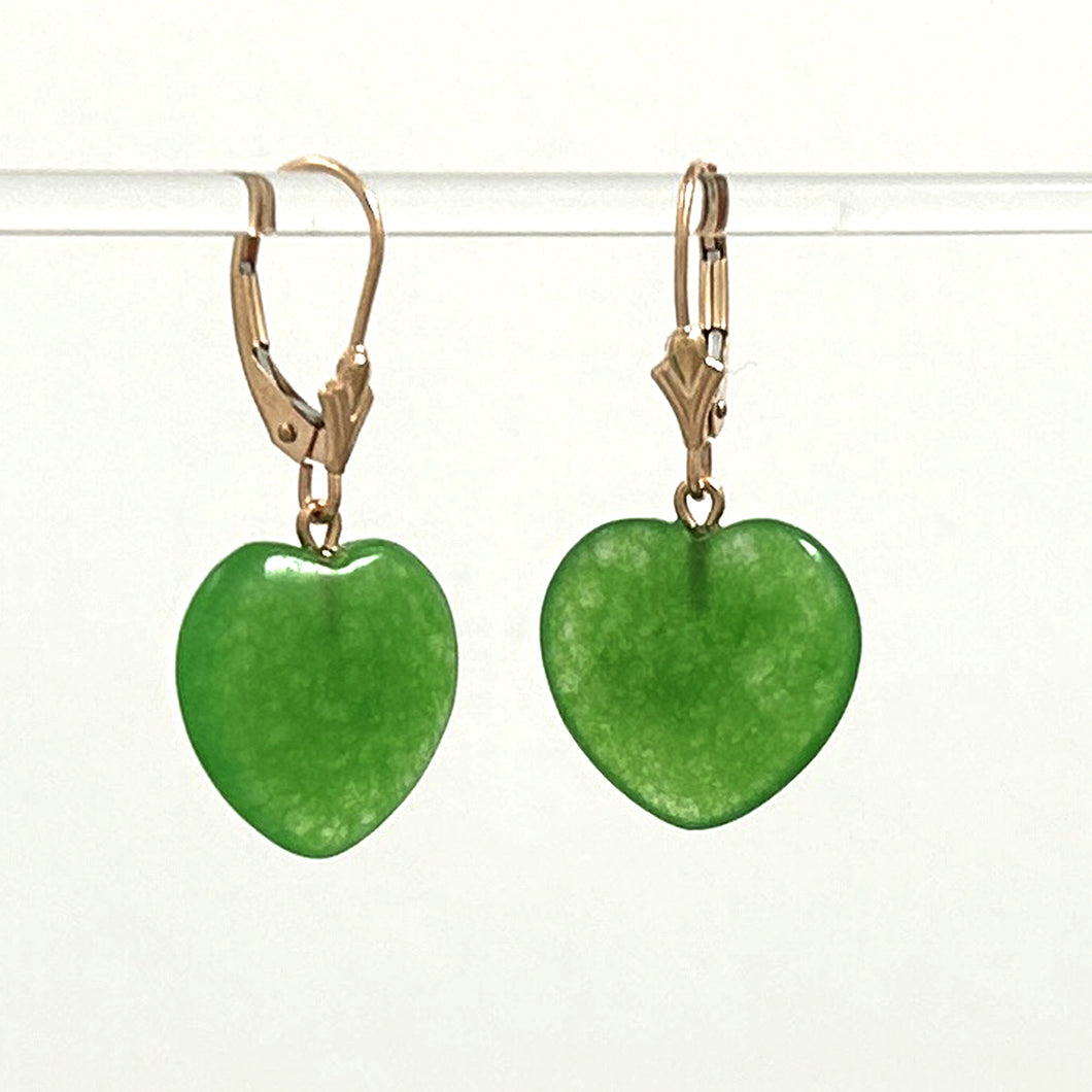 1110093 HEART SHAPE GREEN JADE DROP EARRINGS IN 14KT ROSE GOLD