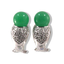 Load image into Gallery viewer, 14K White Gold Diamonds Green Jade Omega Back Earrings