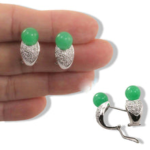 Load image into Gallery viewer, 14K White Gold Diamonds Green Jade Omega Back Earrings