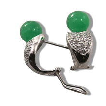 Load image into Gallery viewer, 14K White Gold Diamonds Green Jade Omega Back Earrings