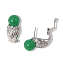 Load image into Gallery viewer, 14K White Gold Diamonds Green Jade Omega Back Earrings