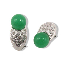 Load image into Gallery viewer, 14K White Gold Diamonds Green Jade Omega Back Earrings
