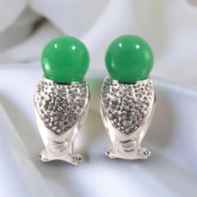 Load image into Gallery viewer, 14K White Gold Diamonds Green Jade Omega Back Earrings