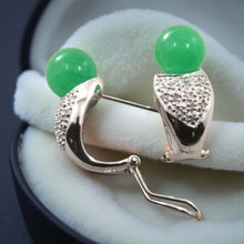 Load image into Gallery viewer, 14K White Gold Diamonds Green Jade Omega Back Earrings