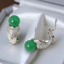 Load image into Gallery viewer, 14K White Gold Diamonds Green Jade Omega Back Earrings