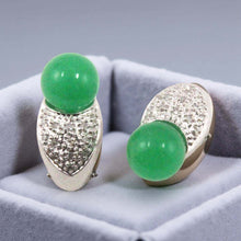 Load image into Gallery viewer, 14K White Gold Diamonds Green Jade Omega Back Earrings