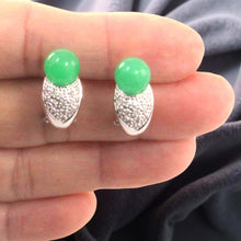 Load image into Gallery viewer, 14K White Gold Diamonds Green Jade Omega Back Earrings