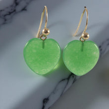 Load image into Gallery viewer, 14K Yellow Gold Genuine Green Jade Heart Drop Earrings