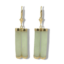 Load image into Gallery viewer, 14K Yellow Gold Leverback Celadon White Curve Twin Tube Jadeite Earrings