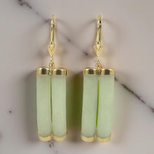 Load image into Gallery viewer, 14K Yellow Gold Leverback Celadon White Curve Twin Tube Jadeite Earrings