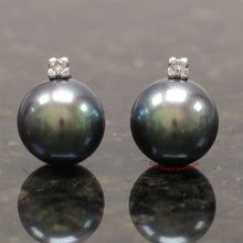 Load image into Gallery viewer, 14K White Gold Diamond Black Pearl Stud Earrings (10–11mm)