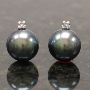 14K White Gold Diamond Black Pearl Stud Earrings (10–11mm)