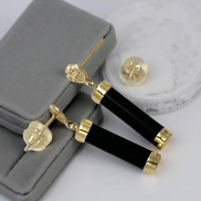 Load image into Gallery viewer, 14K Yellow Gold Good Fortune Dangle Black Onyx Earrings
