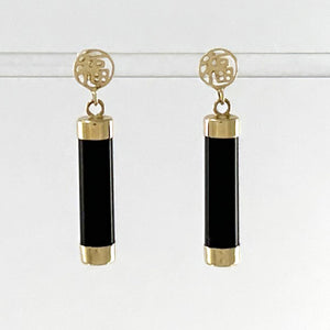 1186701 14KT Y/G GOOD FORTUNE DROP TUBE SHAPED BLACK ONYX DANGLE EARRINGS