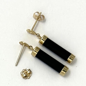 1186701 14KT Y/G GOOD FORTUNE DROP TUBE SHAPED BLACK ONYX DANGLE EARRINGS