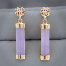 Load image into Gallery viewer, 14K Solid Yellow Gold Good Fortune Dangle Lavender Jade Earrings