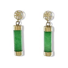 Load image into Gallery viewer, 14K Solid Yellow Gold Good Fortune Dangle Green Jade Earrings