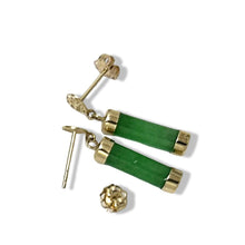 Load image into Gallery viewer, 14K Solid Yellow Gold Good Fortune Dangle Green Jade Earrings
